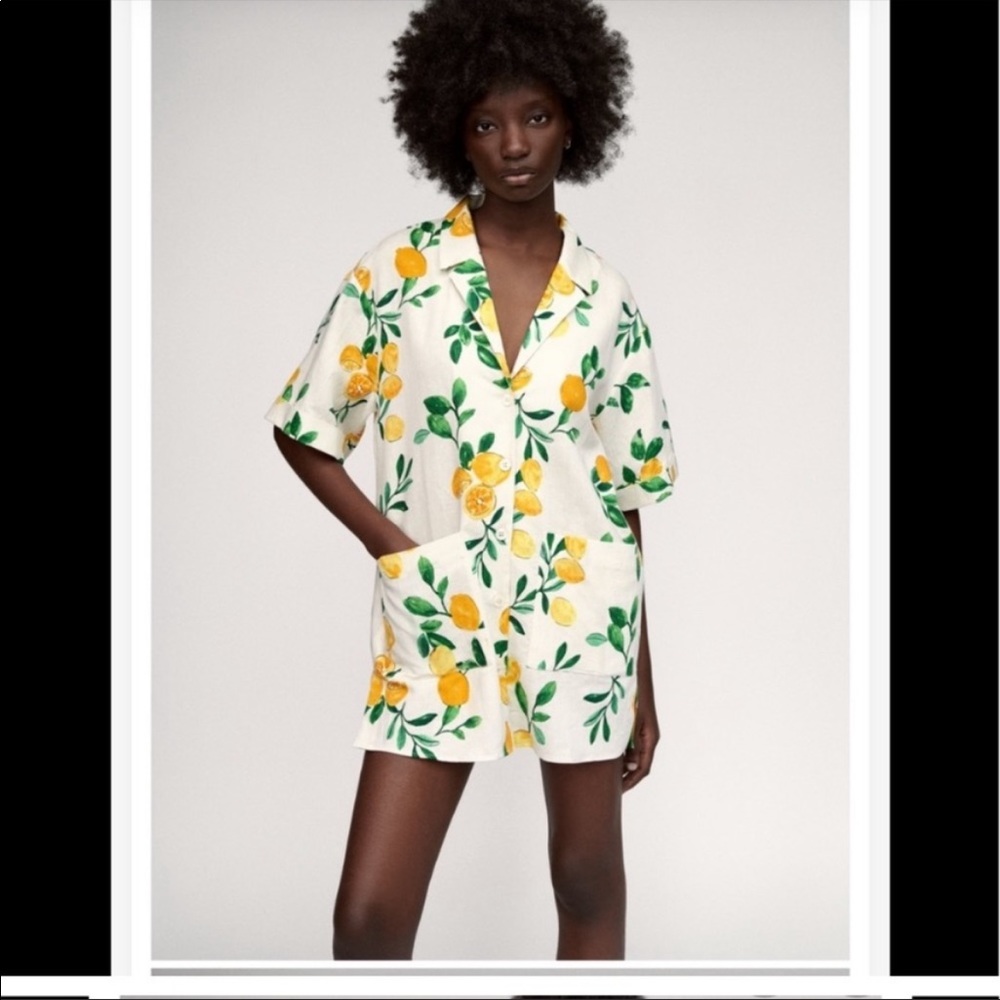 Zara Linen Blend Limon Print shirt dress